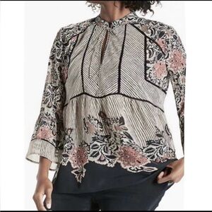 Lucky Brand Plus Sheer Mixed Print Bell Sleeve Peplum Peasant Top 2X Cottage